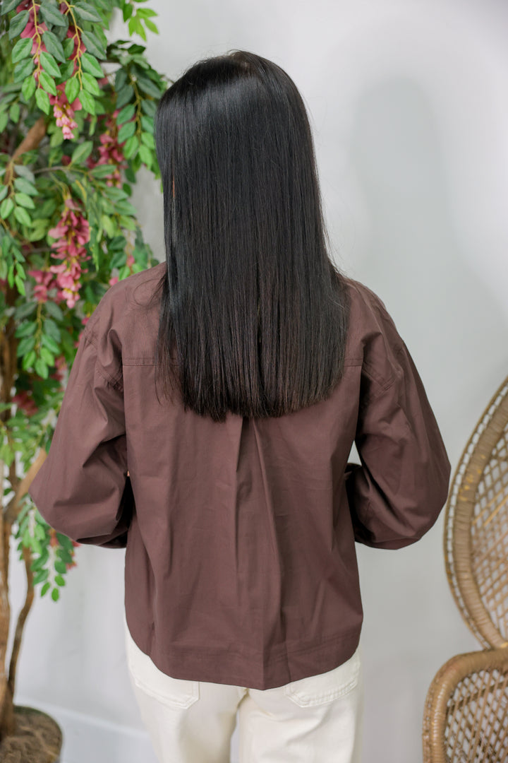 Solid Long Shirt Sleeve Spread Collar Pullover Top "Brown"