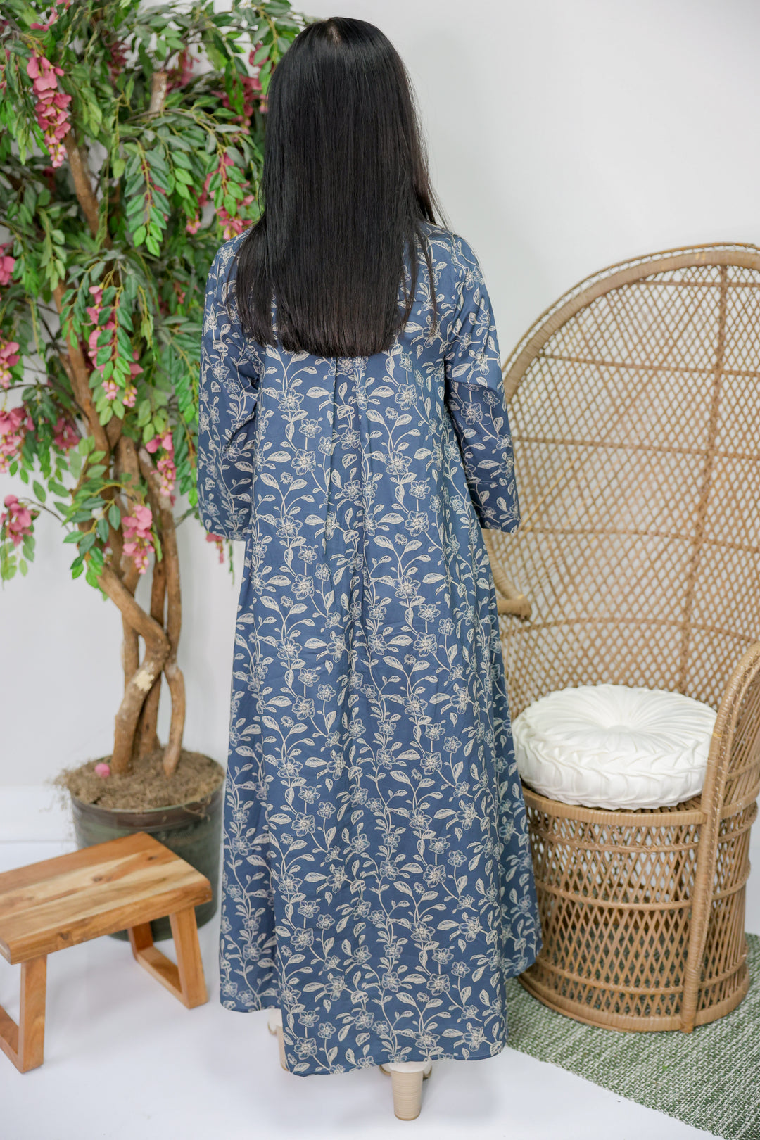 Floral Print 3/4 Sleeve Midi Dress "Dk Navy"