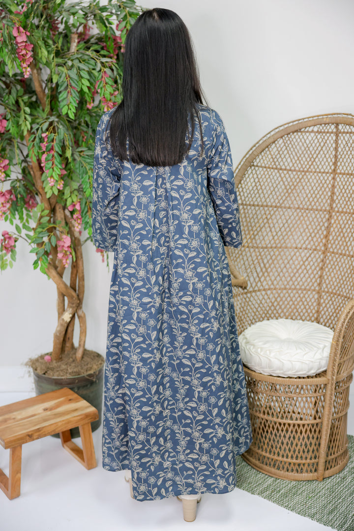 Floral Print 3/4 Sleeve Midi Dress "Dk Navy"