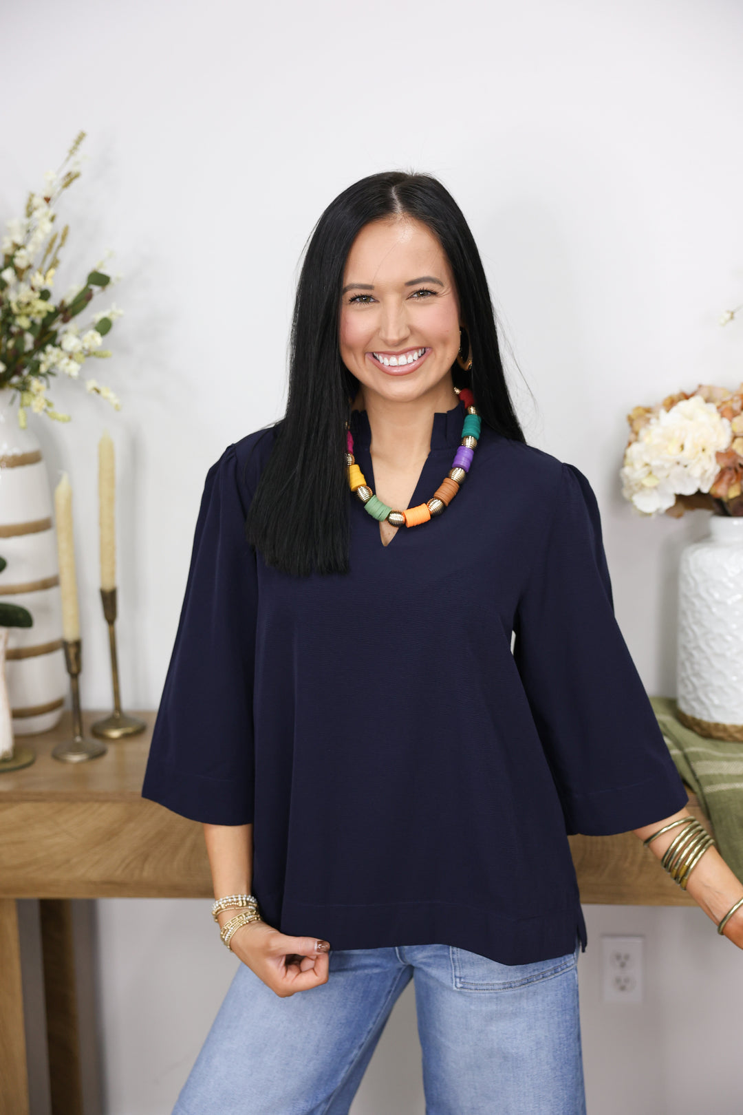 3/4 Sleeves Crinkled Solid Top W/ Ruffled Neckline "Navy"