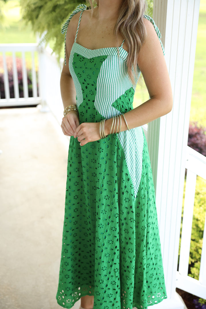 Cotton Eyelet Stripe Maxi Dress "Kelly Green"