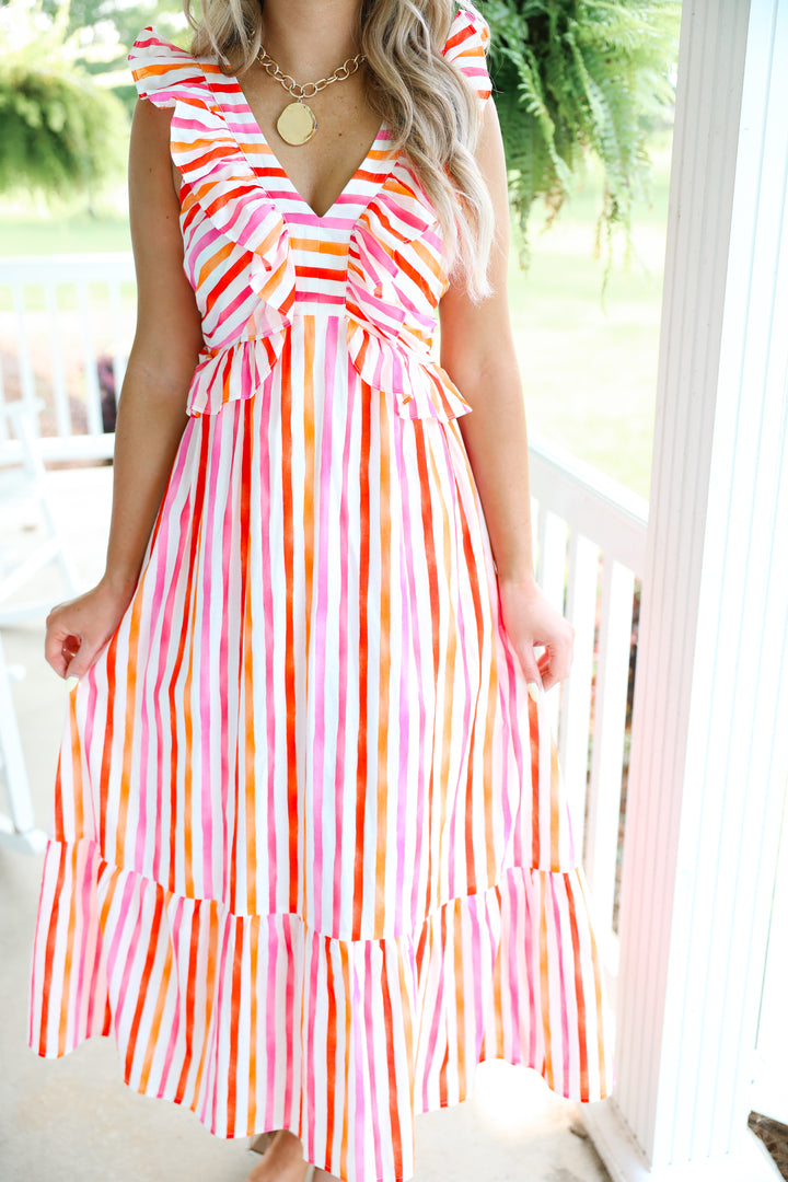 Pretty Poplin V-Neck Dress "Pink/Red"