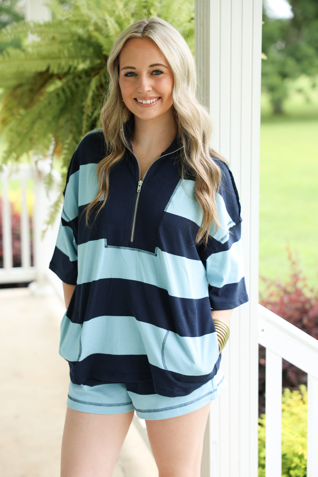 Cotton Stripe Quarter Zip Top & Short Set "Navy/Sky Blue"