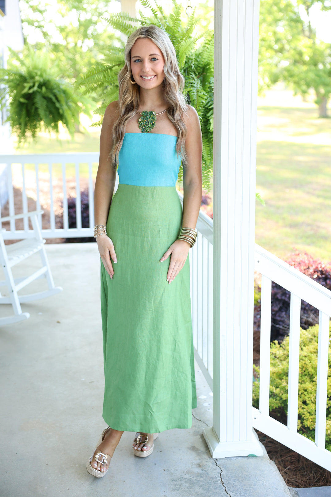 Mei Contrast Strapless Linen Maxi Dress "Aqua Blue/Green"