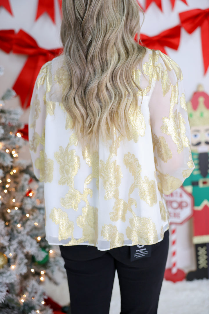 Metallic Jacquard Chiffon Blouse w/ Bow "Cream Gold"