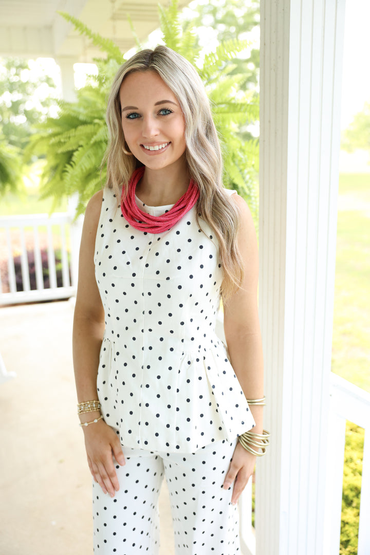 Polka Dot Peplum Hem Detail Top "Off White"