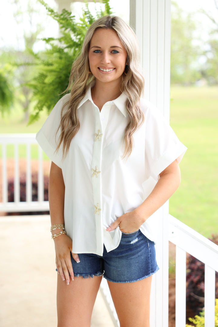 Starfish Button Accent Solid Top "Off White"