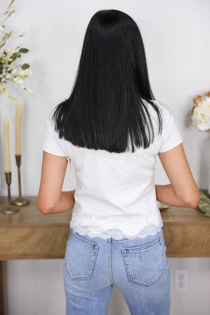 Lace Trim Short Sleeve Tee "H Grey"