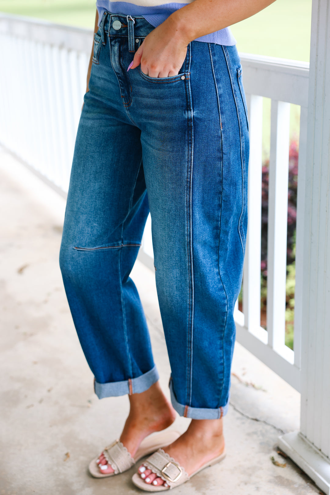 Risen - High Rise Boyfriend Cuffed Barrel Jeans "Dark Denim"