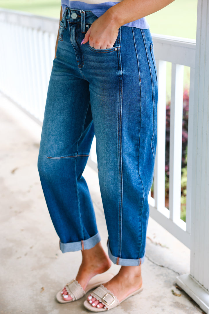 Risen - High Rise Boyfriend Cuffed Barrel Jeans "Dark Denim"