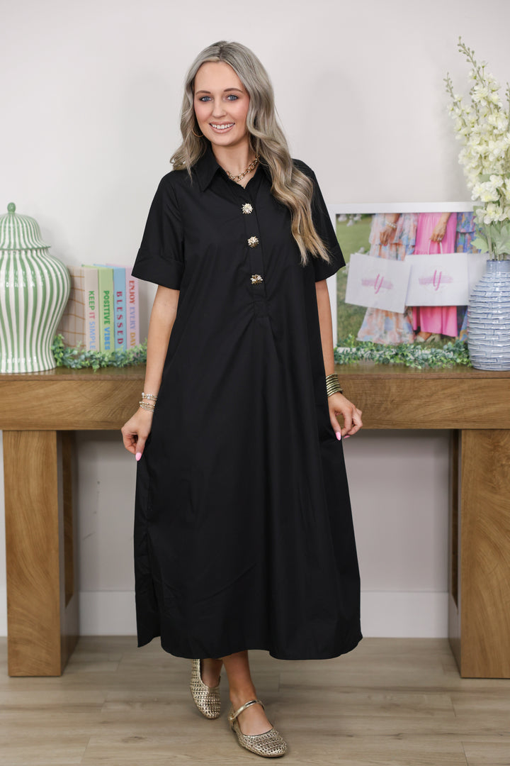 Solid Short Sleeve Midi Dress "Black"