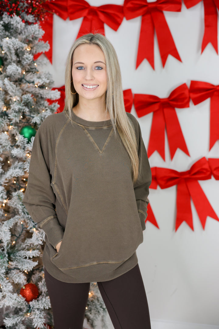 Pigment Dyed French Terry Pullover W/ Pockets "Brown"