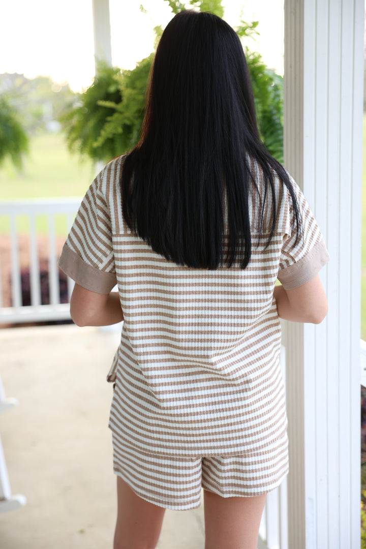 Striped Comfy Knit Top & Short Set "White/Oatmeal"