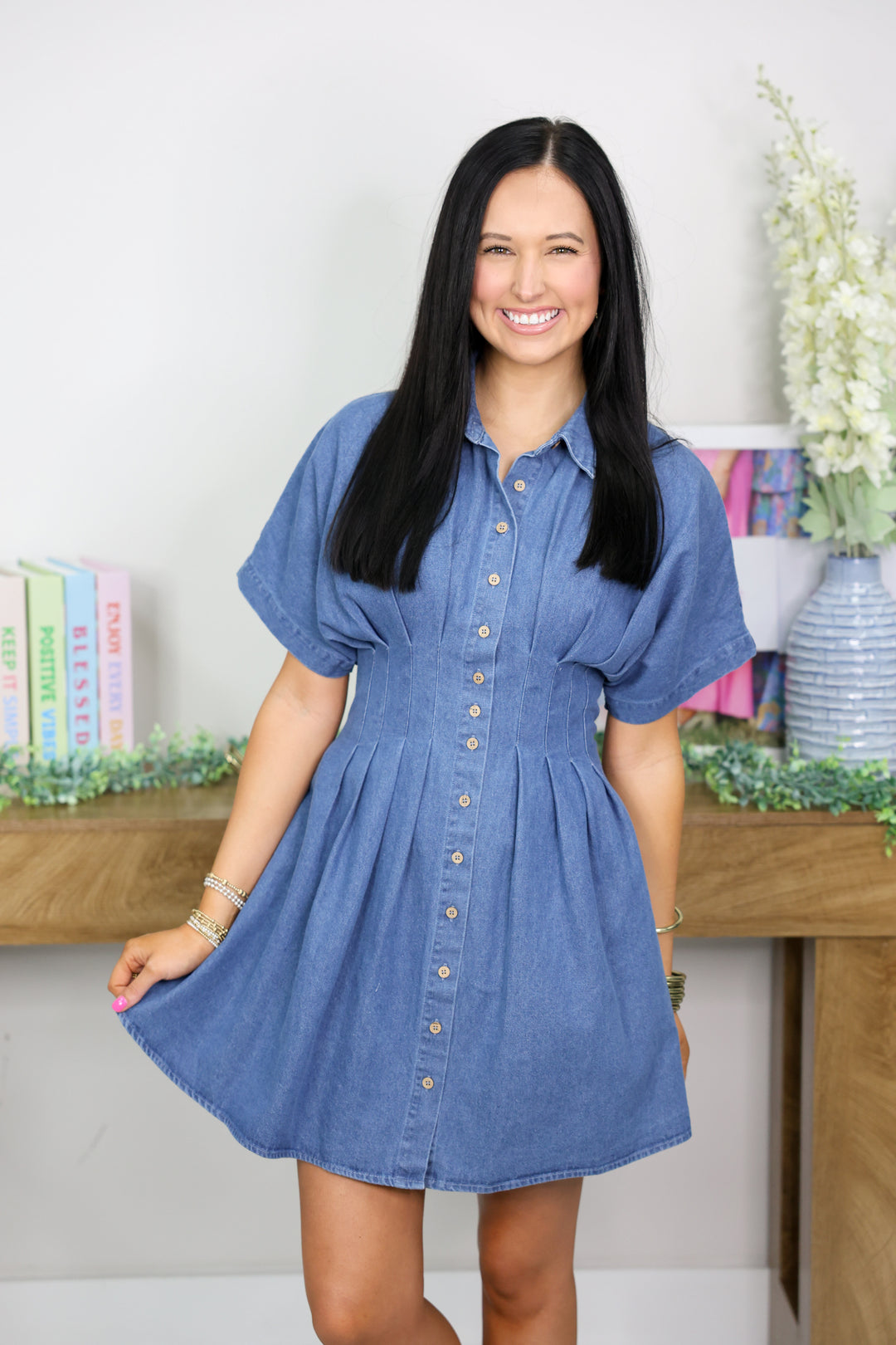 Pleated Button Down Denim Mini Dress Medium