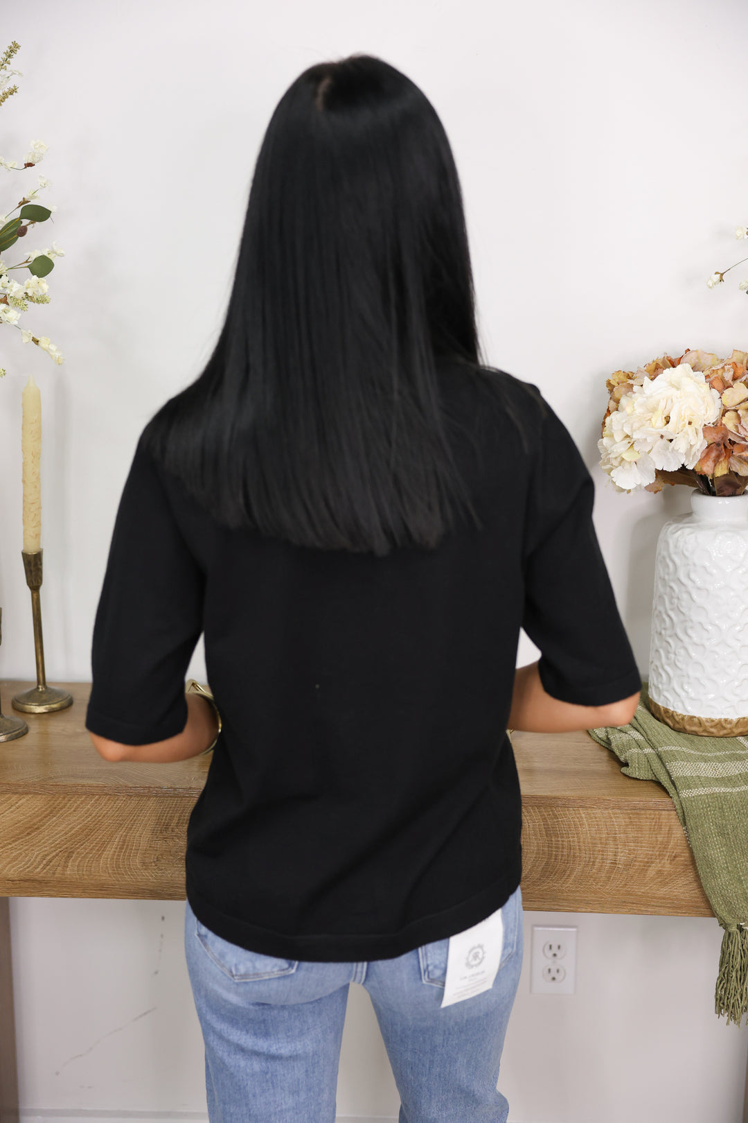 Half Sleeve Round Neck Comfy Sweater Top "Black"