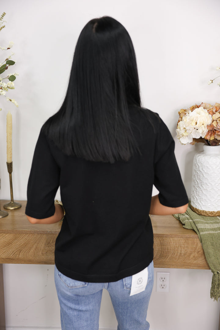 Half Sleeve Round Neck Comfy Sweater Top "Black"