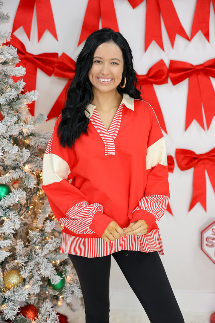 Colorblock Solid & Stripe Casual Knit Top "Red"