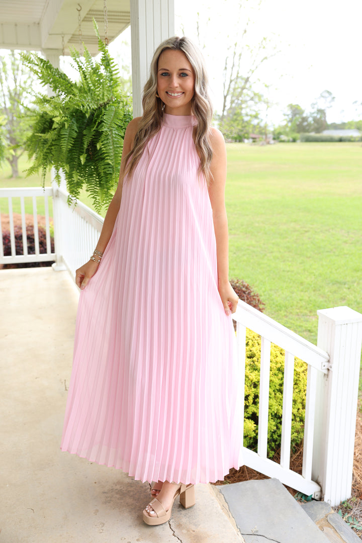 Pink Pleated Midi Dress