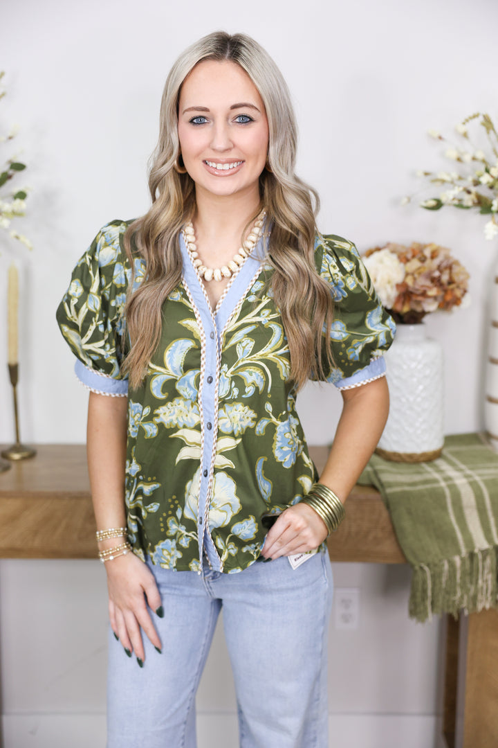Olive & Blue Bloom Top