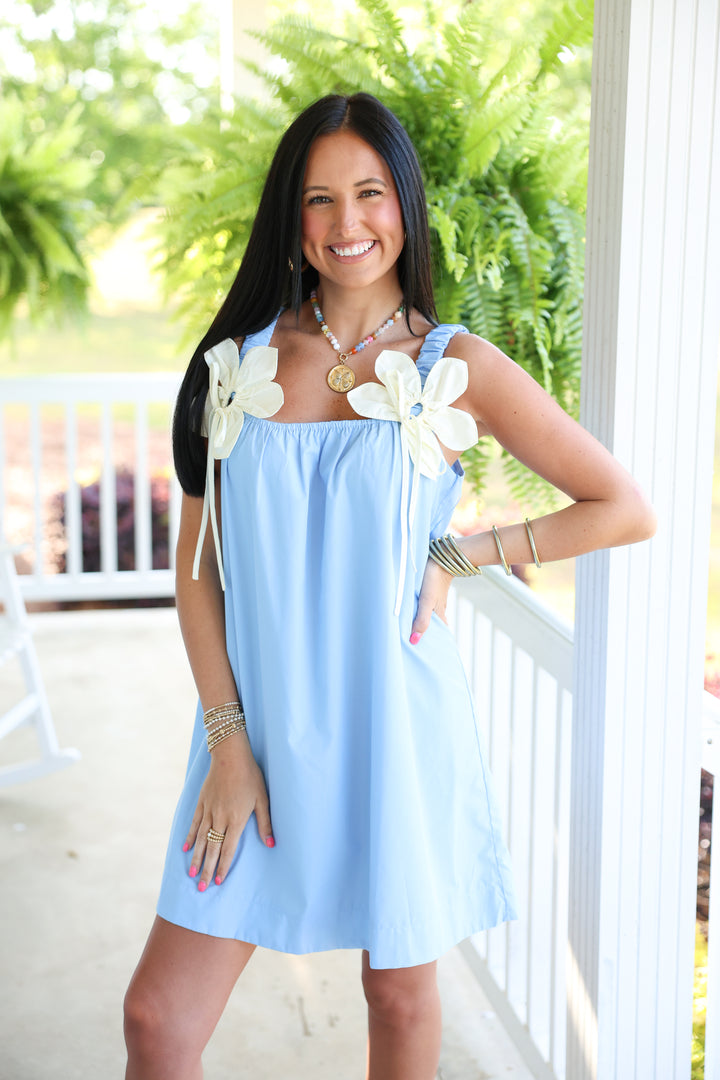 Poplin Mini Dress W/ Contrast Flower Applique "Blue/Cream"