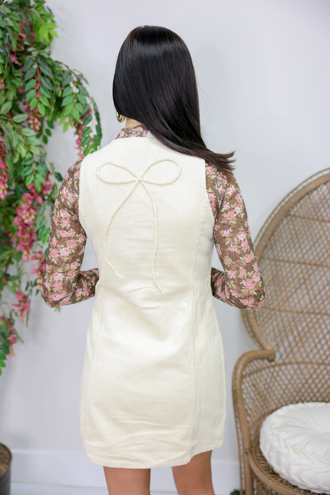 Bow Detailed Corduroy Vest Mini Dress "Cream"