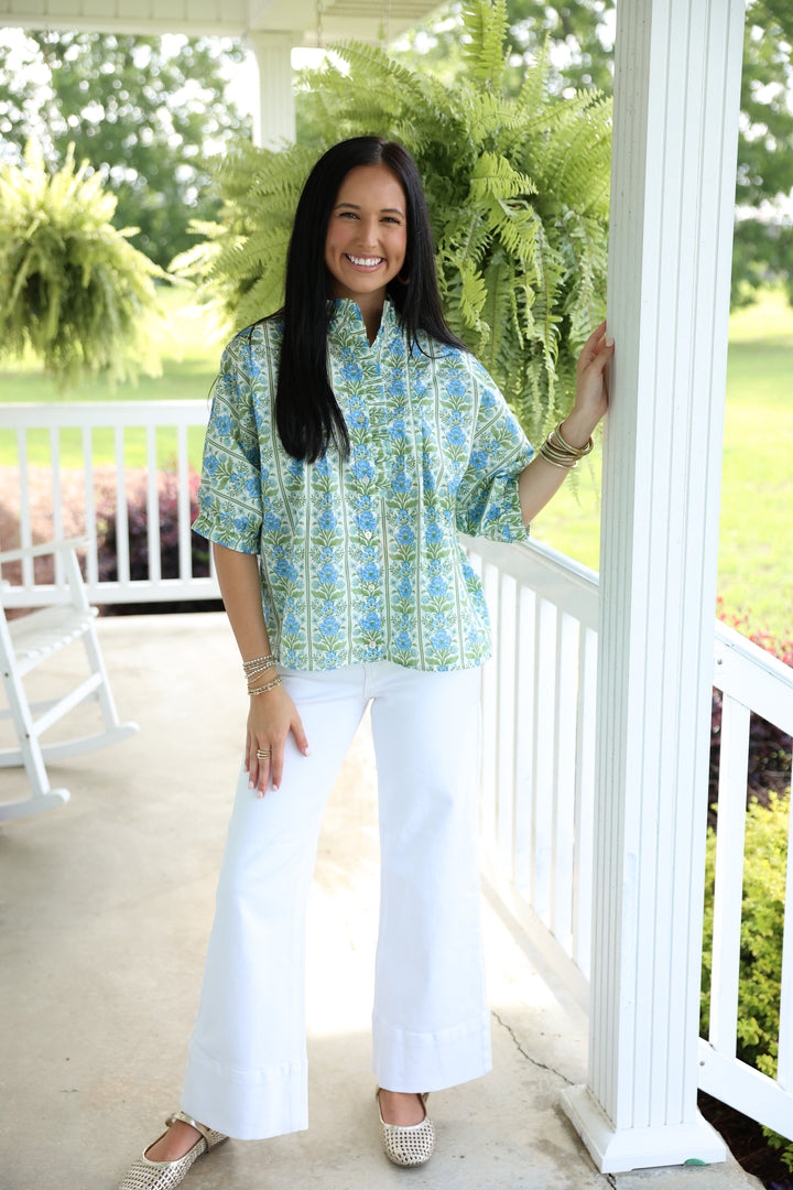 Botanical Print Short Dolman Sleeve Top "Blue"