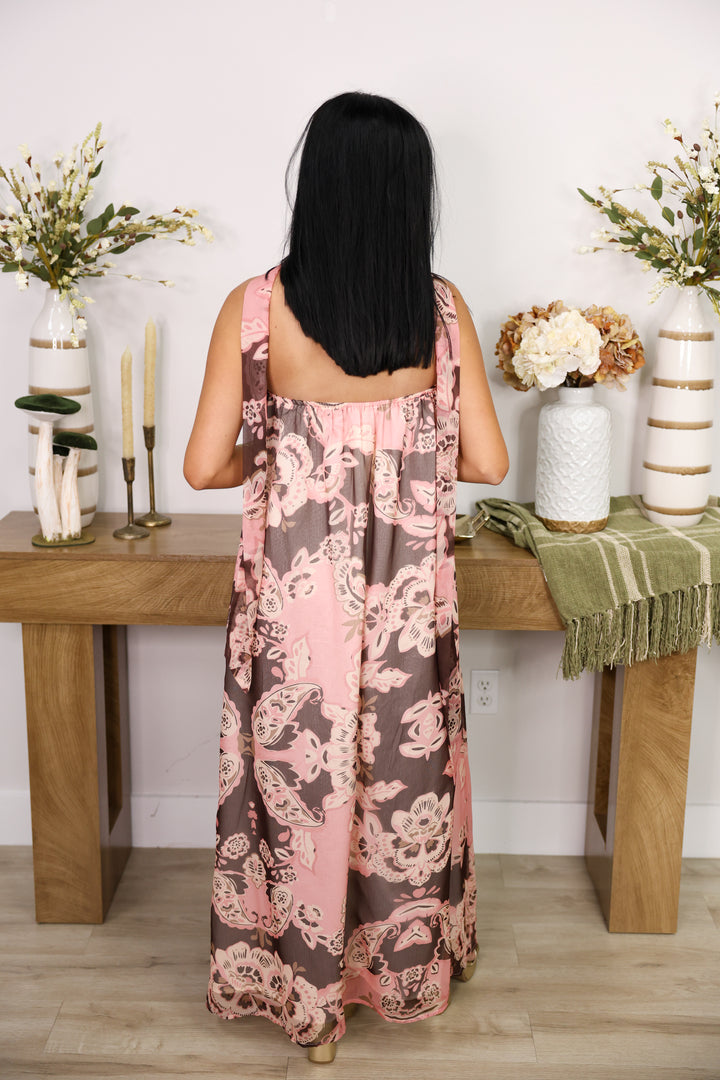 Chic Petal Strapless Maxi Dress W/ Neck Scarf "Pink"
