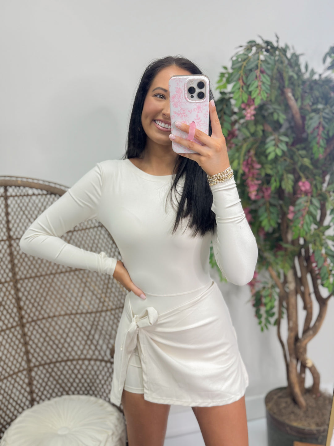 Long Sleeve Wrap Tie Front Dress "Cream"