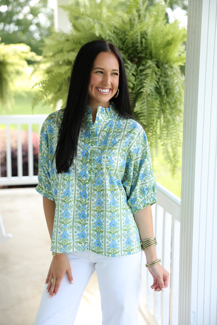 Botanical Print Short Dolman Sleeve Top "Blue"