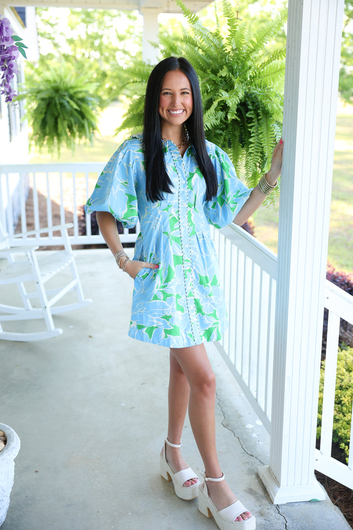 Ember Floral Puff Sleeve Mini Dress "Green/Blue"
