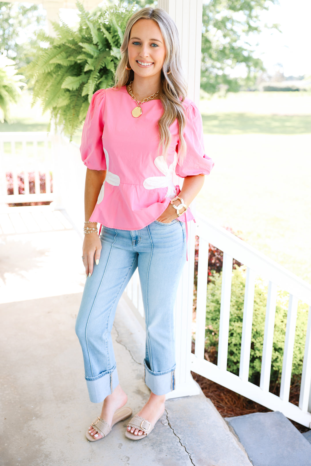 Floral Colorblock Poplin Top "Pink"