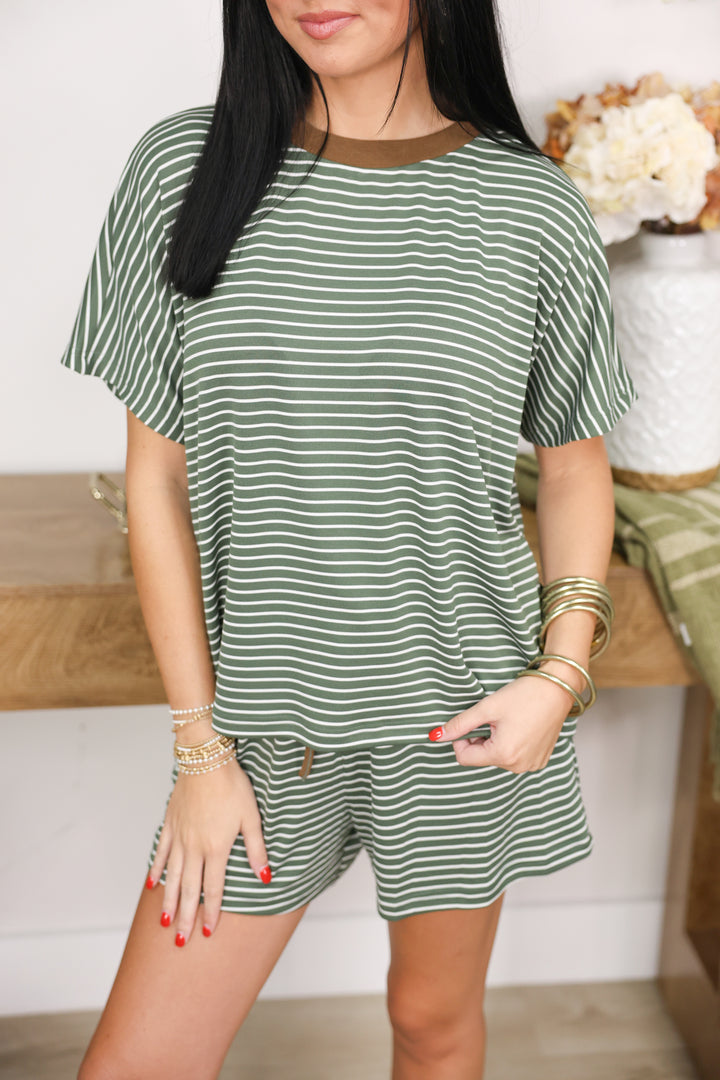Loose Fit Stripe Knit Top & Shorts Set "Olive/Brown"