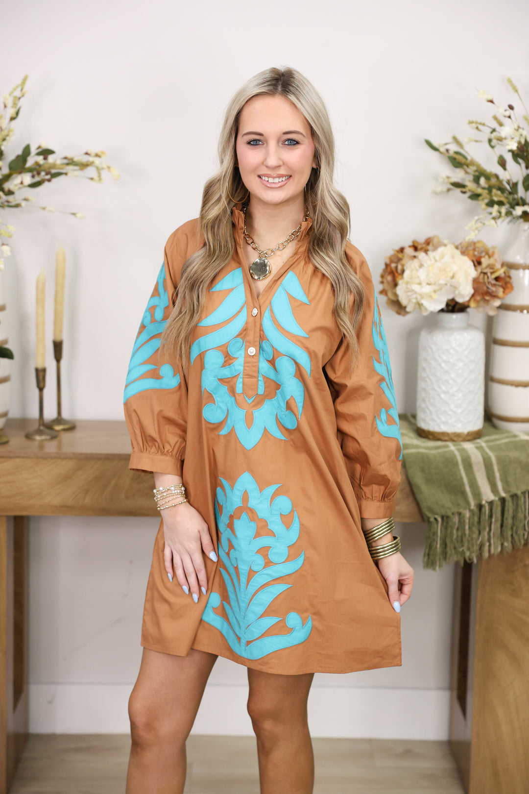 3/4 Sleeve Baroque Applique Detail Shift Dress "Toffee/Turquoise"