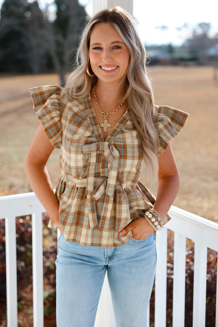 Toffee Plaid Ruffle Top