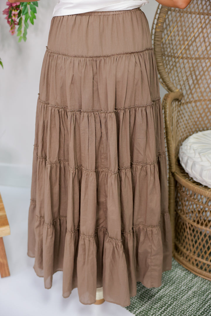 Drawstring Detail Tiered Maxi Skirt "Mocha"