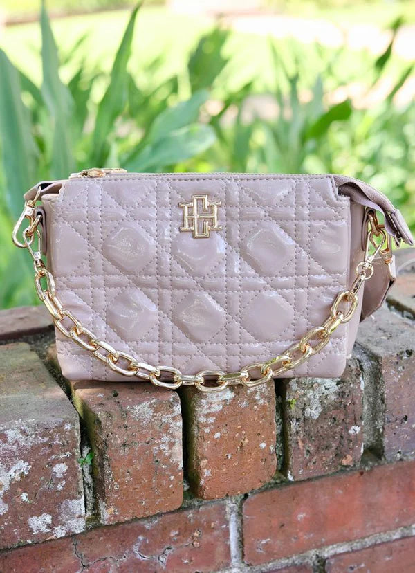 Caroline Hill - Jace Quilted Crossbody "Taupe Patent LQ"