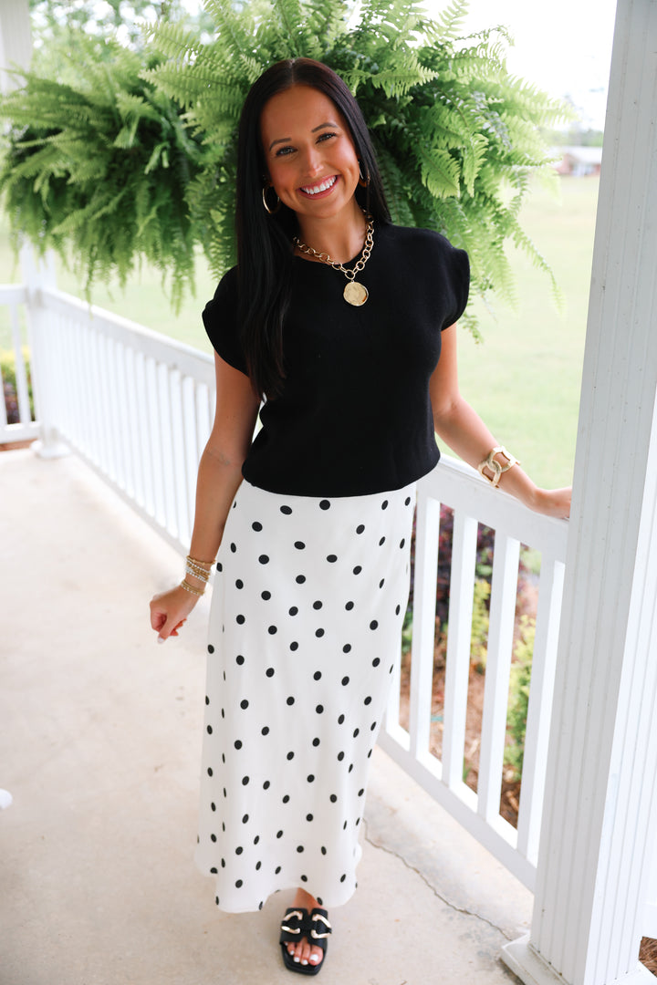 Woven Polka Dot Print Midi Skirt "Cream"