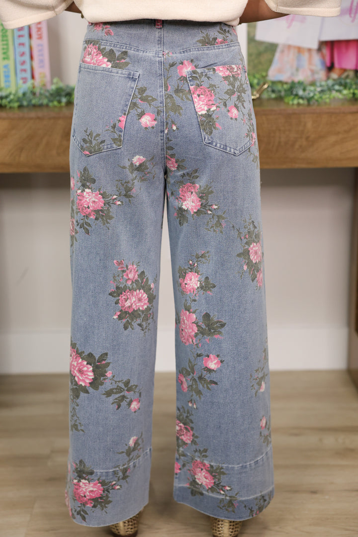 Fun Floral Print Denim Pants "LT Blue"
