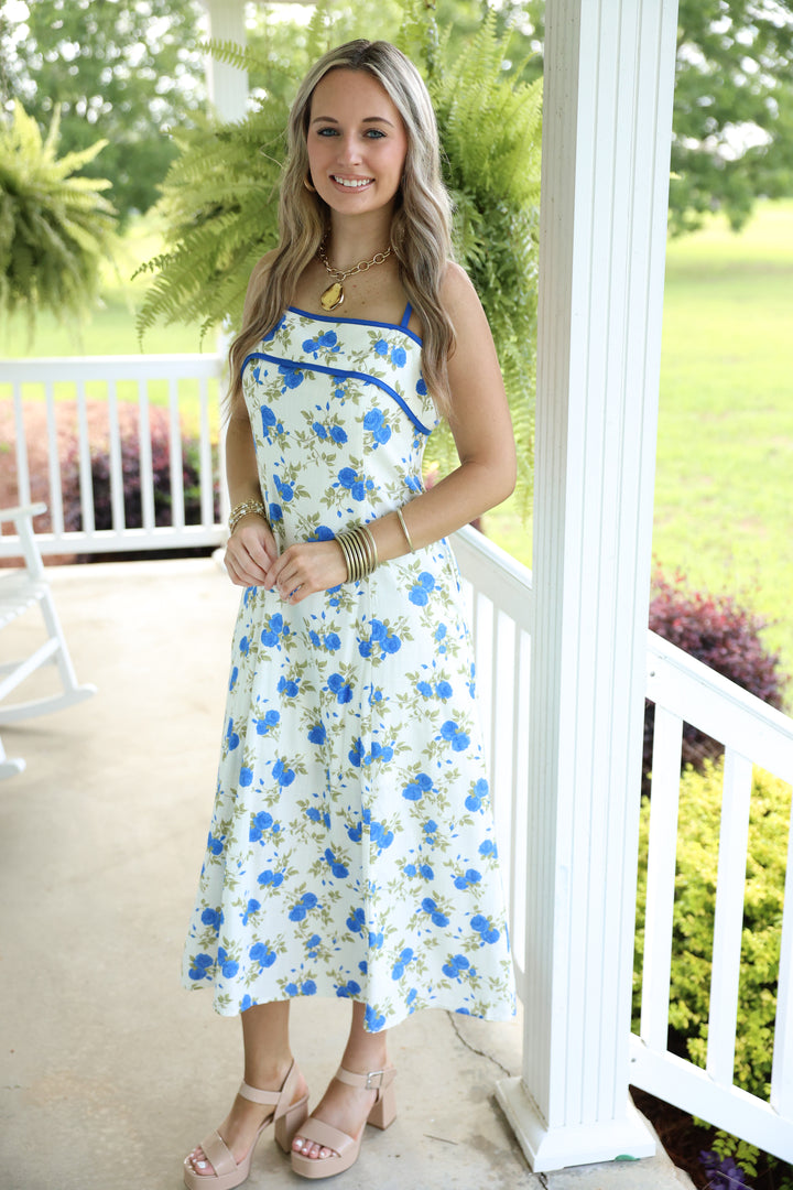 Floral Print Sleeveless Midi Dress "Ivory Blue"