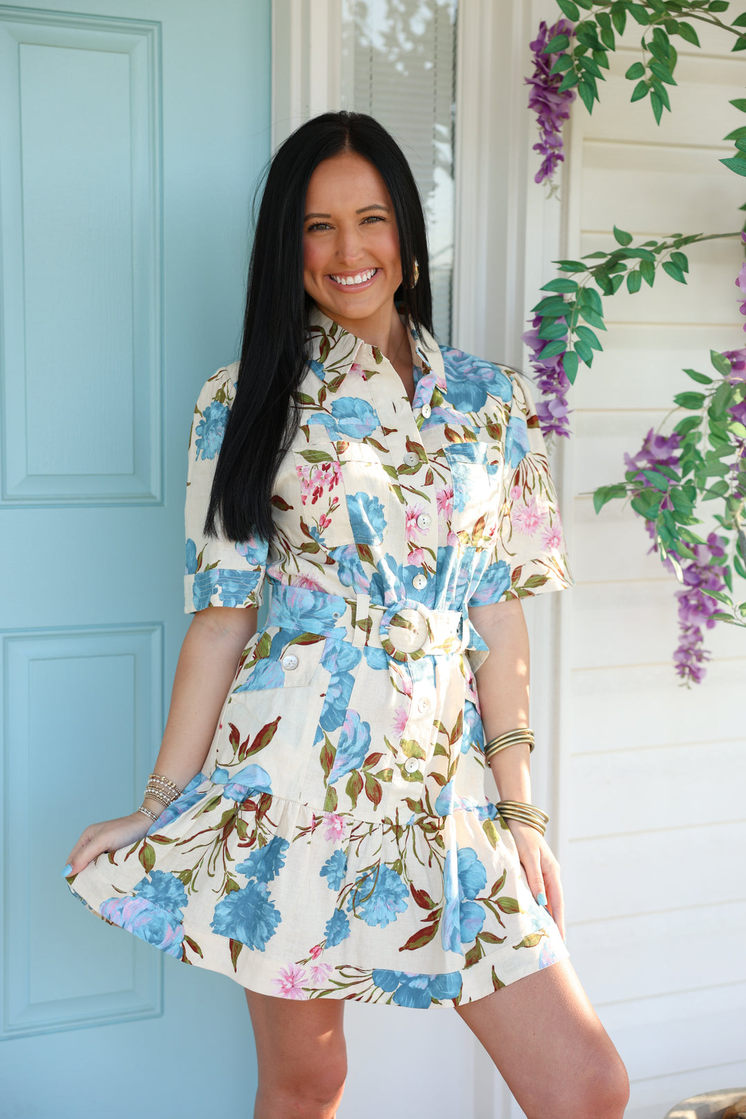 Anika Floral Belt Dress "Natural Multi"
