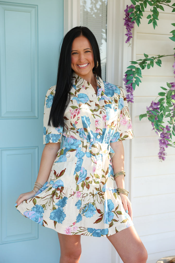 Anika Floral Belt Dress "Natural Multi"
