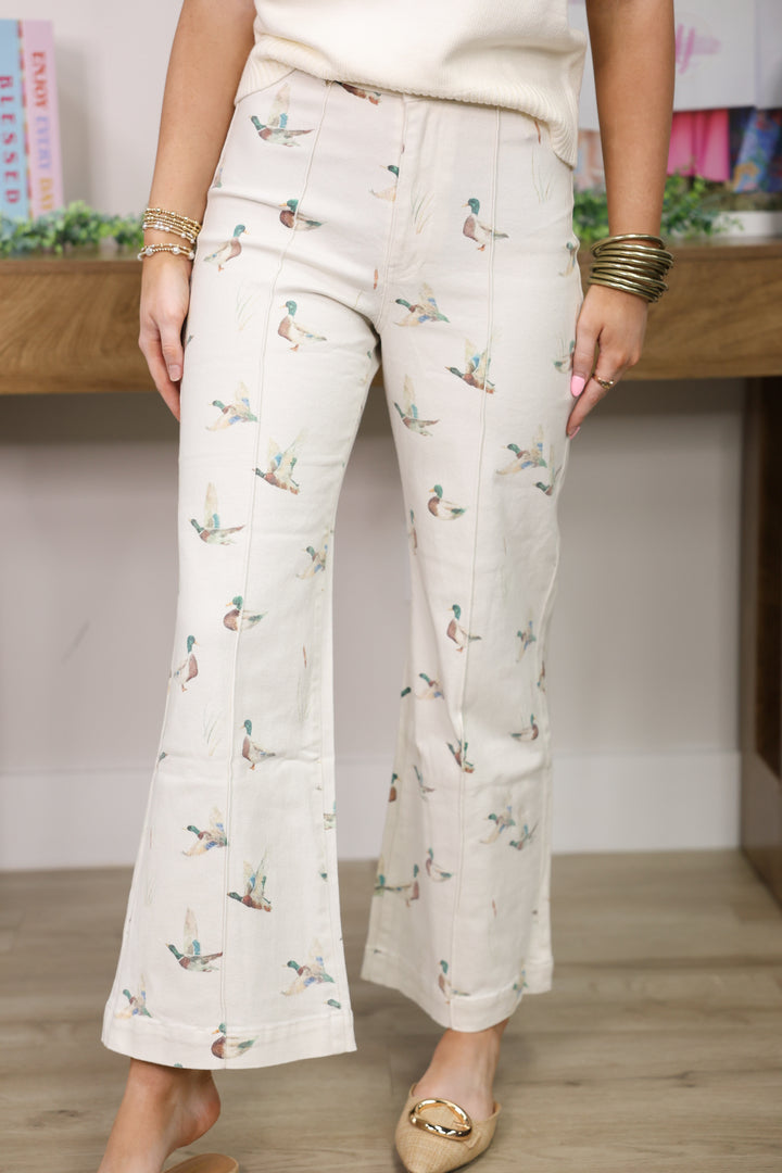 Mallard Printed Stretch Denim Wide Leg Jeans "Ivory"