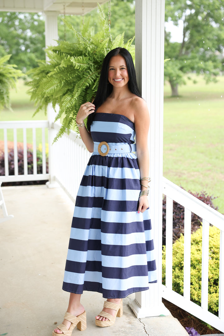 Sunshine Stripes Strapless Midi Dress "Navy"