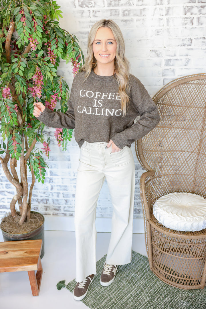 Crew Neck Long Sleeve "Coffee is Calling" Sweater Top "Coco"