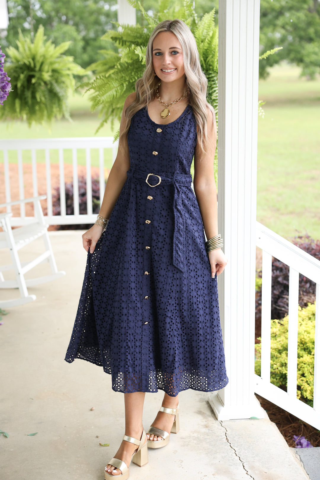 Everlasting Eyelet Sleeveless Midi Dress "Navy"