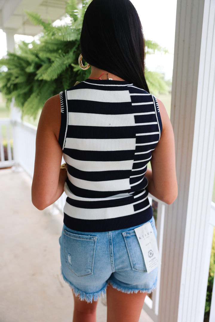 Multi-Stripe Sleeveless Sweater Top "Navy"