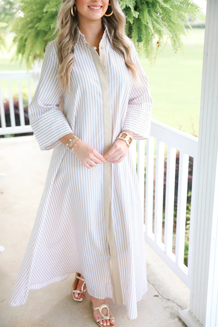 Striped Maxi Shirt Dress "Tan"