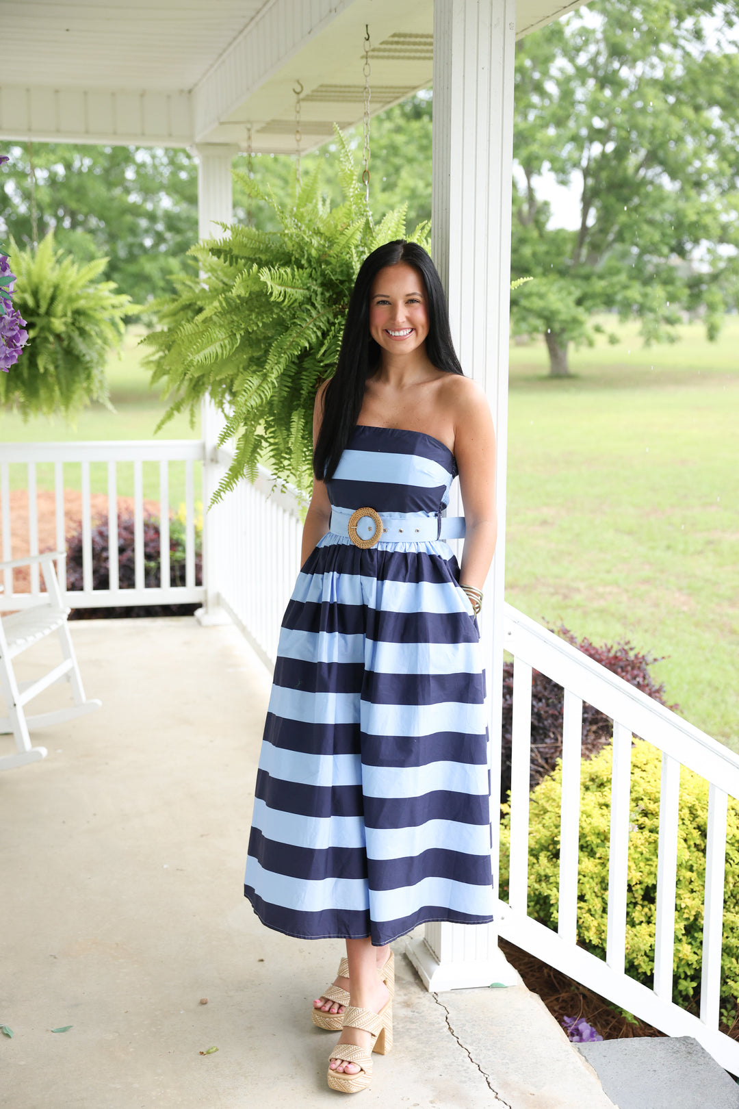 blue and white striped strapless dress Demi Stripe Our Cecilia Dress in Light Blue is back in a new hue Striped Strapless Midi Dress