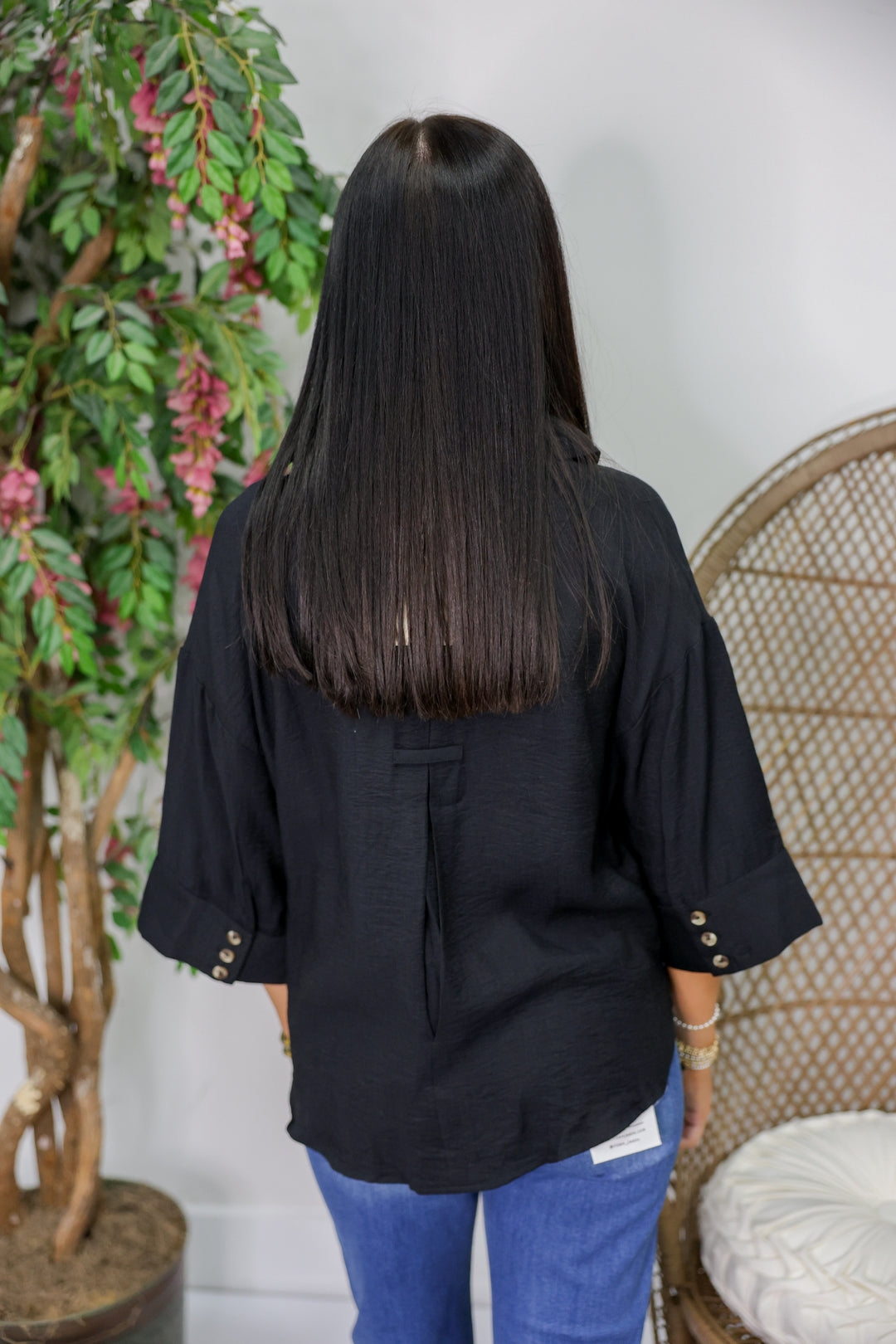 Solid Wide Cuff 3/4 Sleeve Button Front Top "Black"