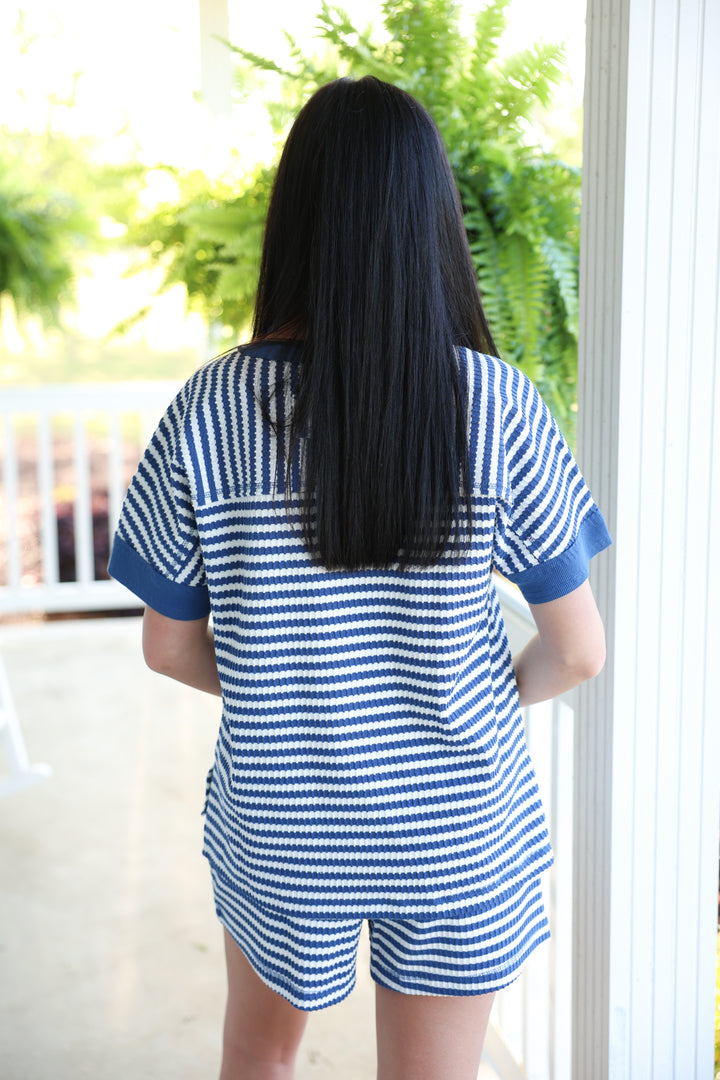 Striped Comfy Knit Top & Short Set "Blue/White"